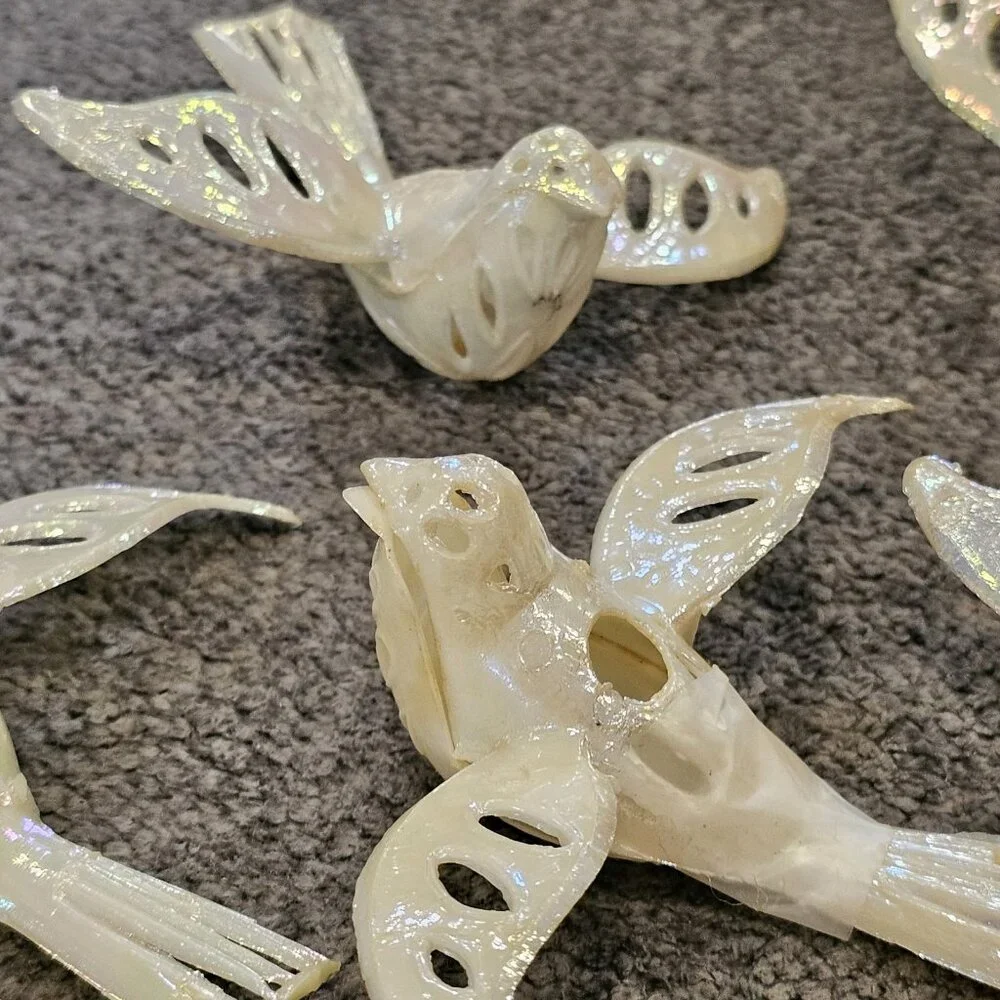 MCM Christmas Light Bird Toppers Pearlescent Plastic‎ Set 10 Cream VTG Ornaments